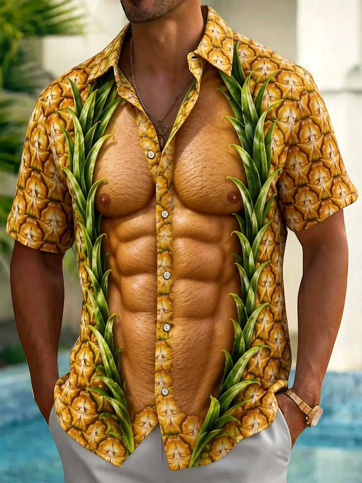 Oceanlyte Men's Hawaiian Pineapple Print Short Sleeve Shirt with Chest Pocket