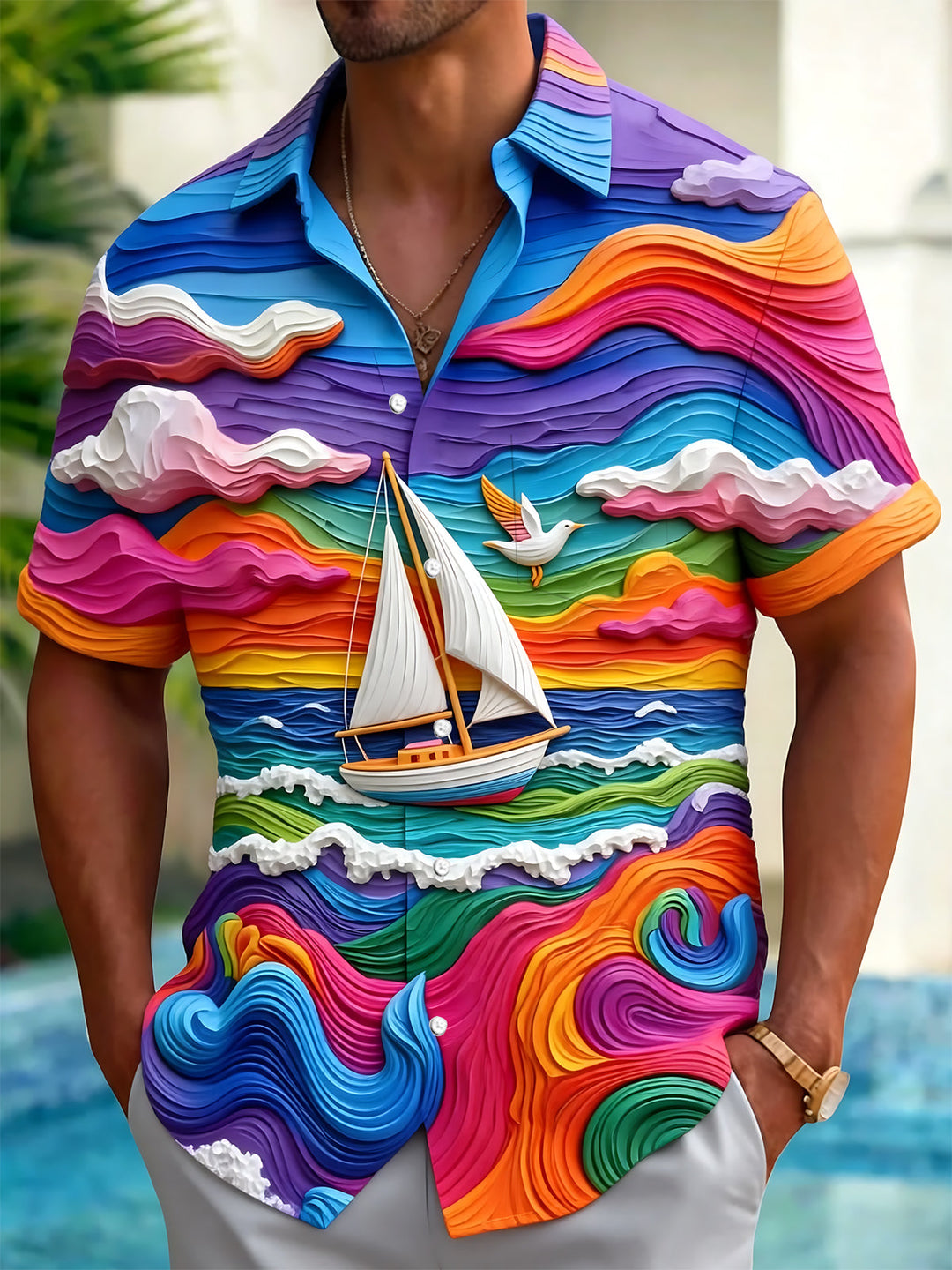 Oceanlyte Men's Graphic Rainbow Ocean Waves Print Short Sleeve Shirt with Chest Pocket