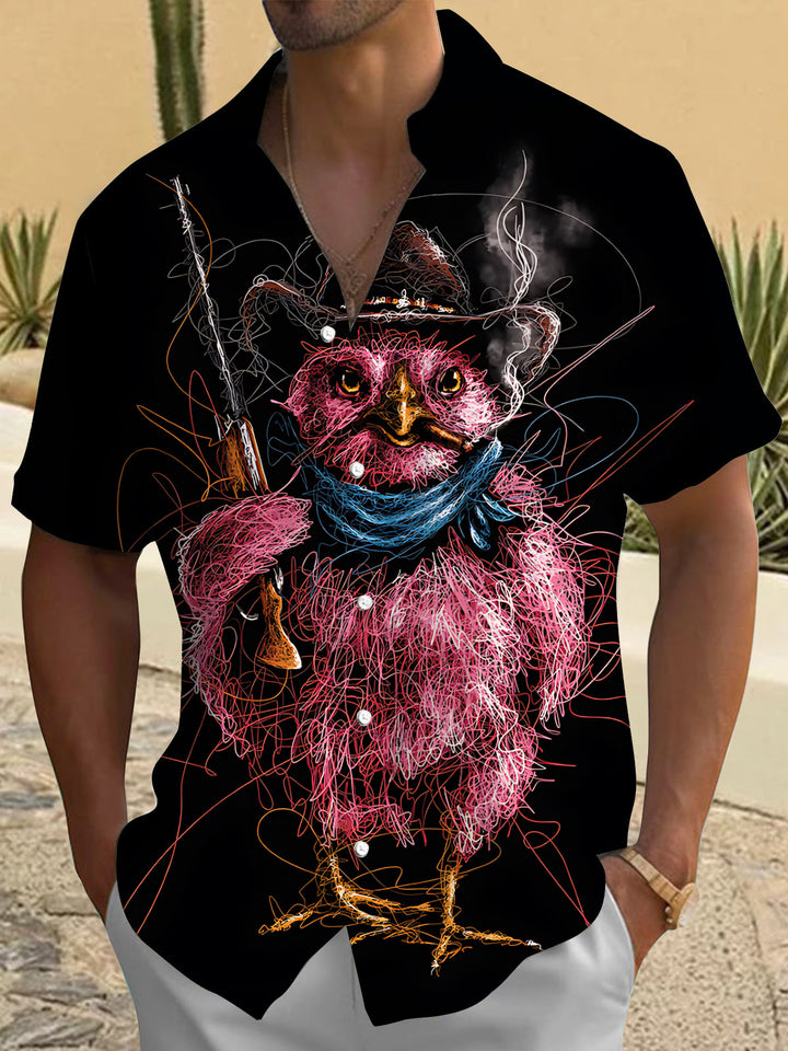Oceanlyte Men's Graphic Western Cowboy Owl Print Short Sleeve Shirt with Chest Pocket