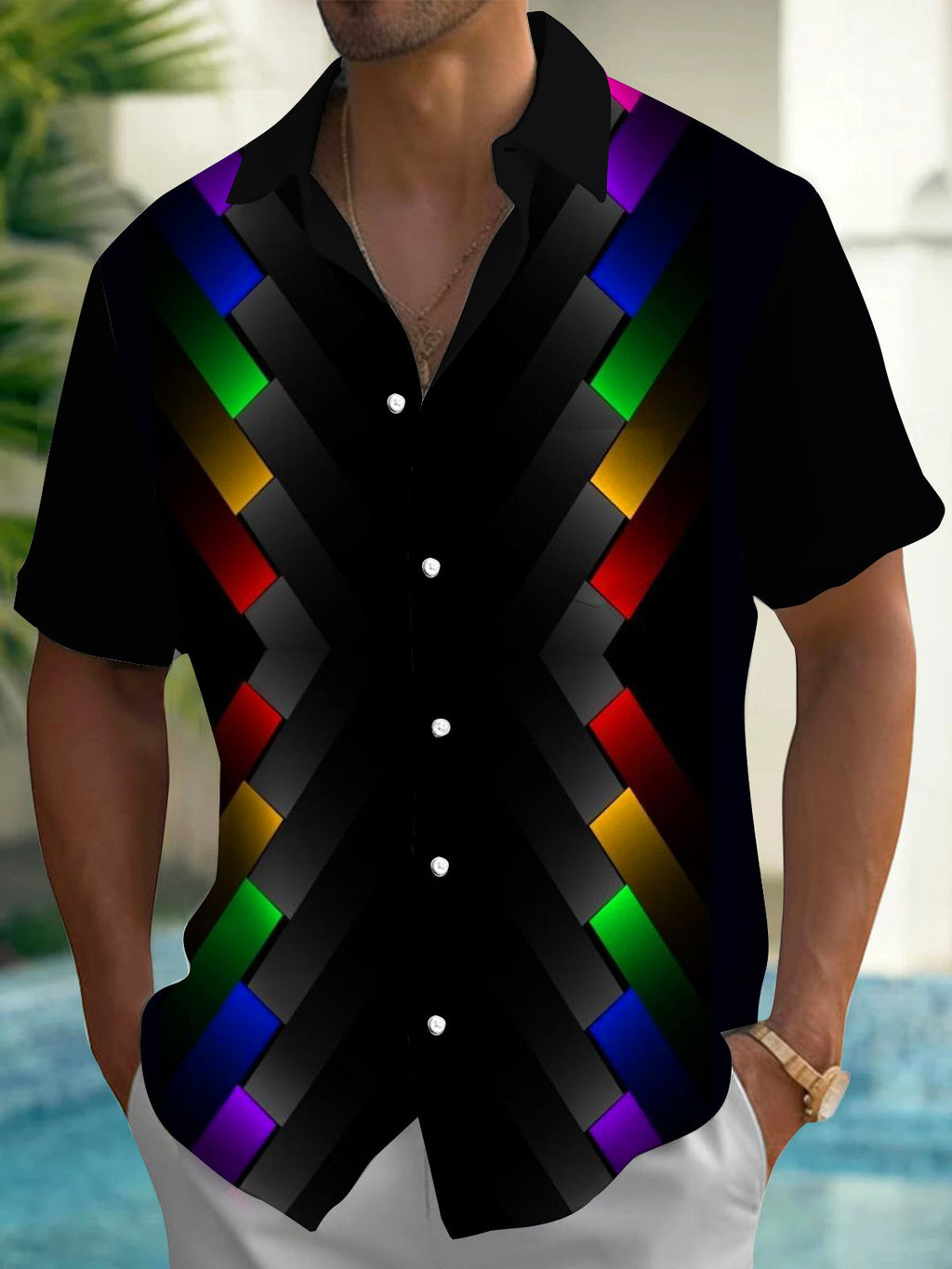 Oceanlyte Men's Rainbow Geometric Chevron Print Short Sleeve Shirt with Chest Pocket