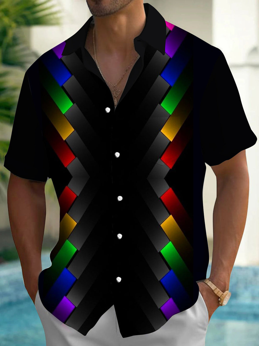 Oceanlyte Men's Rainbow Geometric Chevron Print Short Sleeve Shirt with Chest Pocket