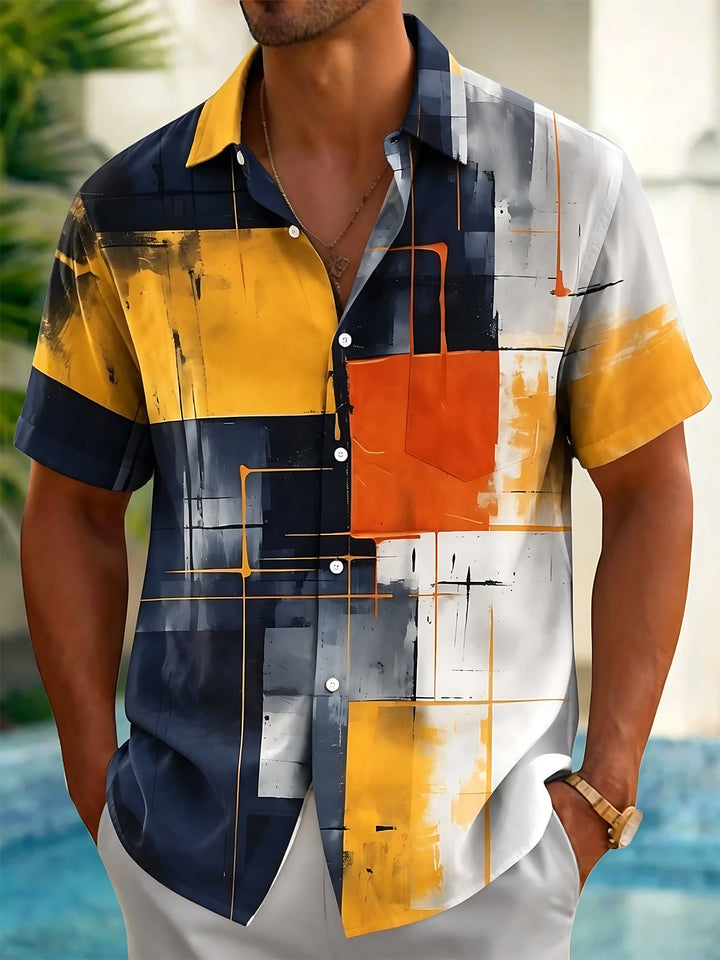 Oceanlyte Men's Abstract Geometric Color Block Print Short Sleeve Shirt with Chest Pocket