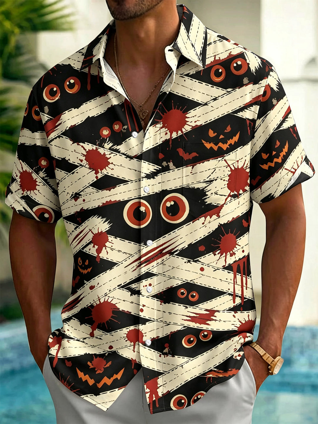 Oceanlyte Men's Graphic Halloween Bandage Print Short Sleeve Shirt with Chest Pocket