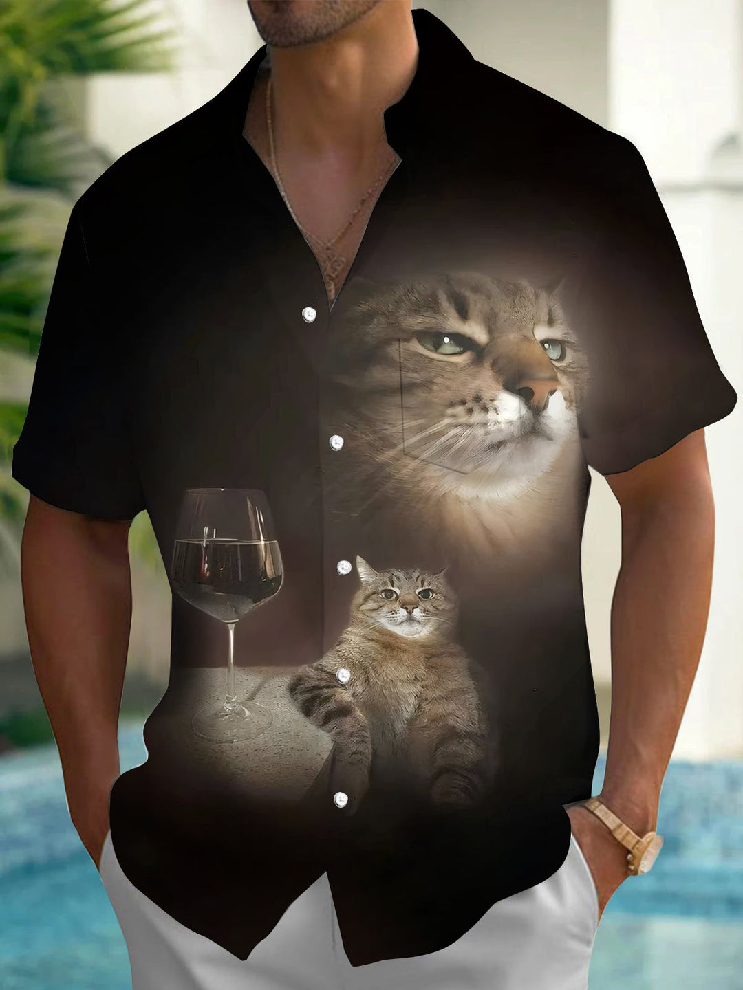 Oceanlyte Men's Graphic Tabby Cat Portrait Print Short Sleeve Shirt with Chest Pocket