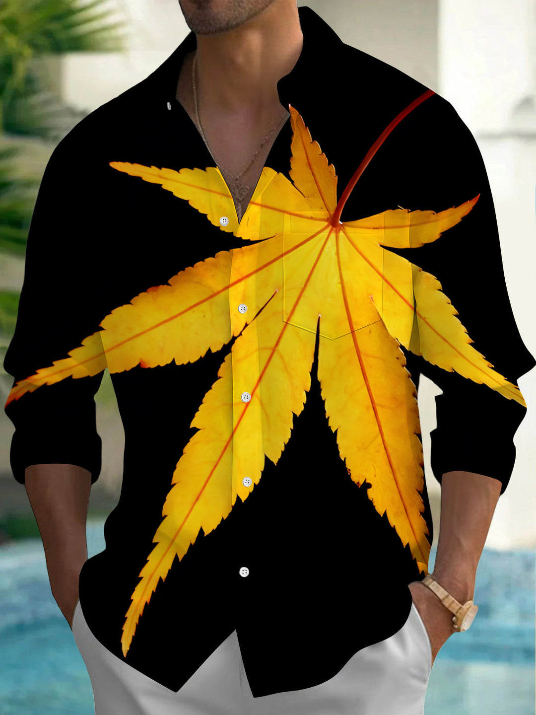 Oceanlyte Men's Hawaiian Yellow Maple Leaf Print Long Sleeve Shirt with Chest Pocket
