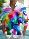 Oceanlyte Men's Hawaiian Rainbow Elephant Print Long Sleeve Shirt with Chest Pocket