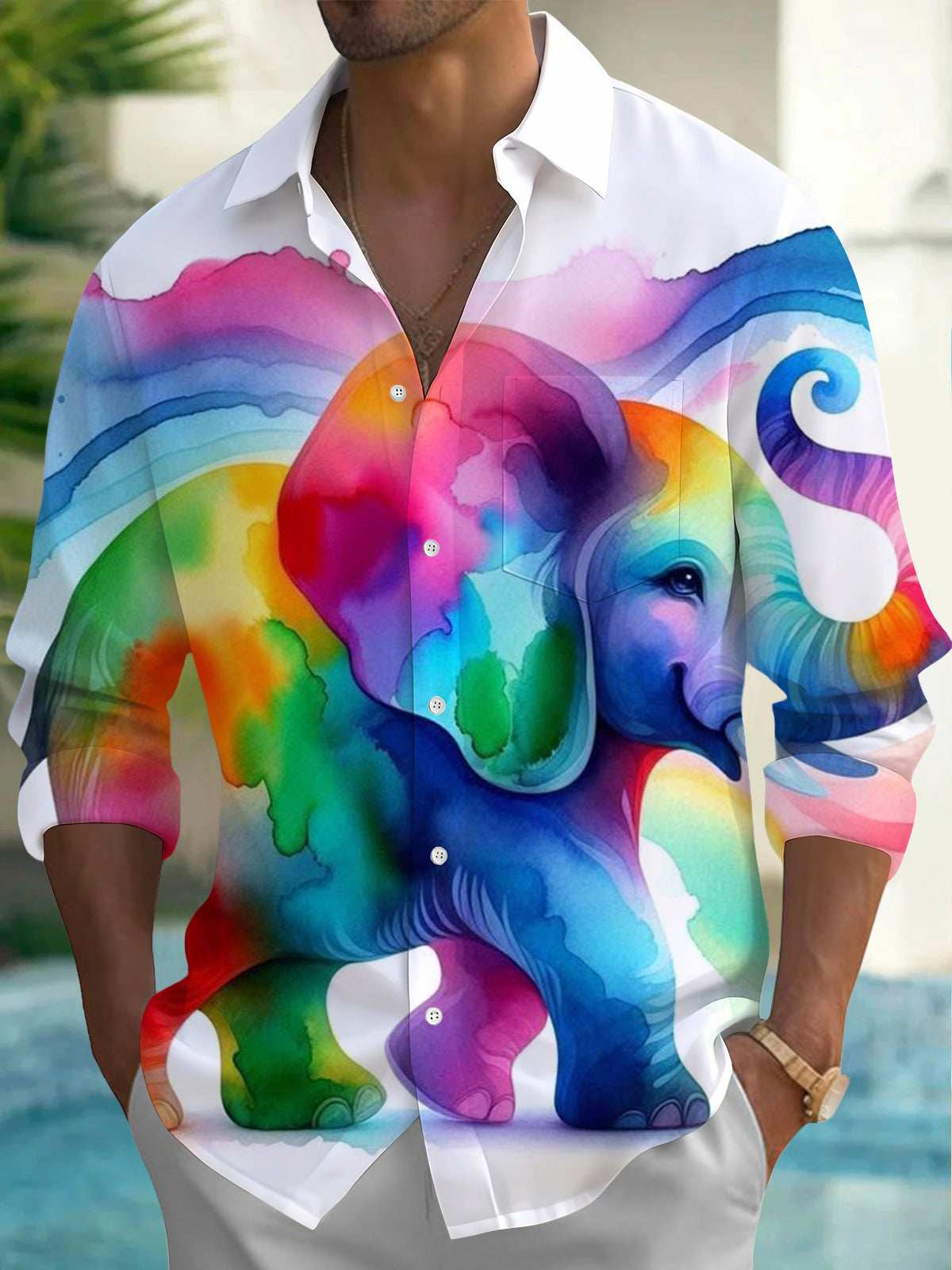 Oceanlyte Men's Hawaiian Rainbow Elephant Print Long Sleeve Shirt with Chest Pocket