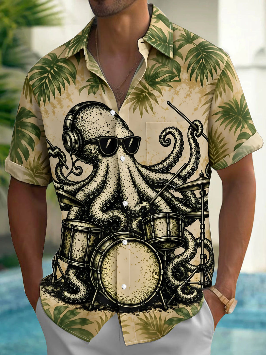 Oceanlyte Men's Hawaiian Octopus Drummer Print Short Sleeve Shirt with Chest Pocket