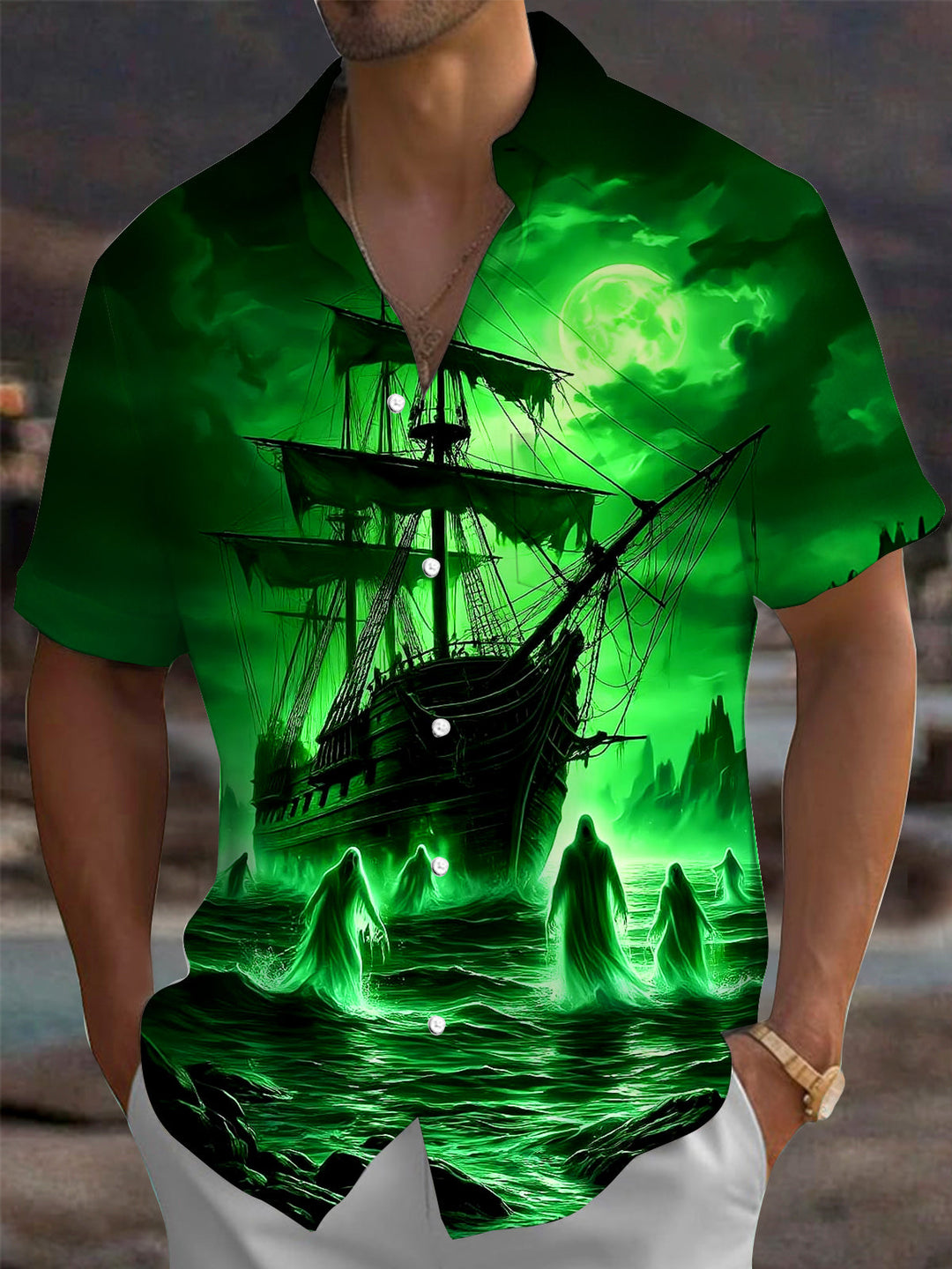 Oceanlyte Men's Graphic Ghost Ship Print Short Sleeve Shirt with Chest Pocket