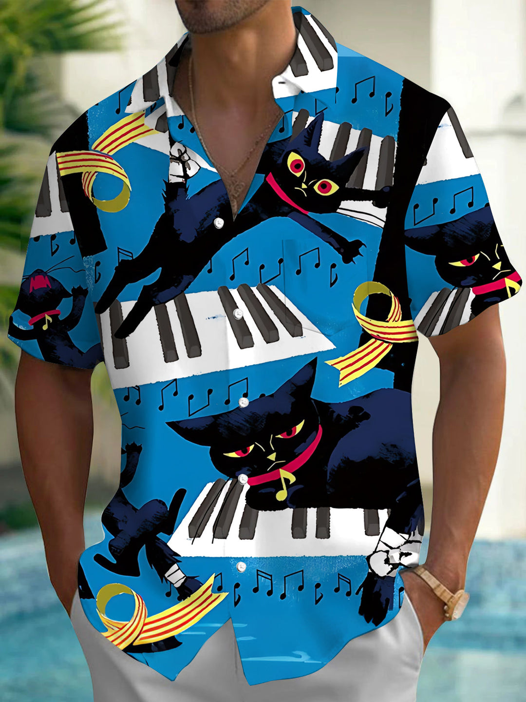 Oceanlyte Men's Hawaiian Black Cat Print Short Sleeve Shirt with Chest Pocket