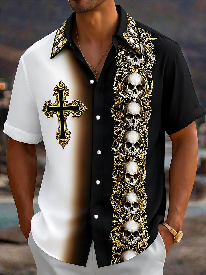Oceanlyte Men's Skull And Cross Ornament Print Short Sleeve Shirt with Chest Pocket
