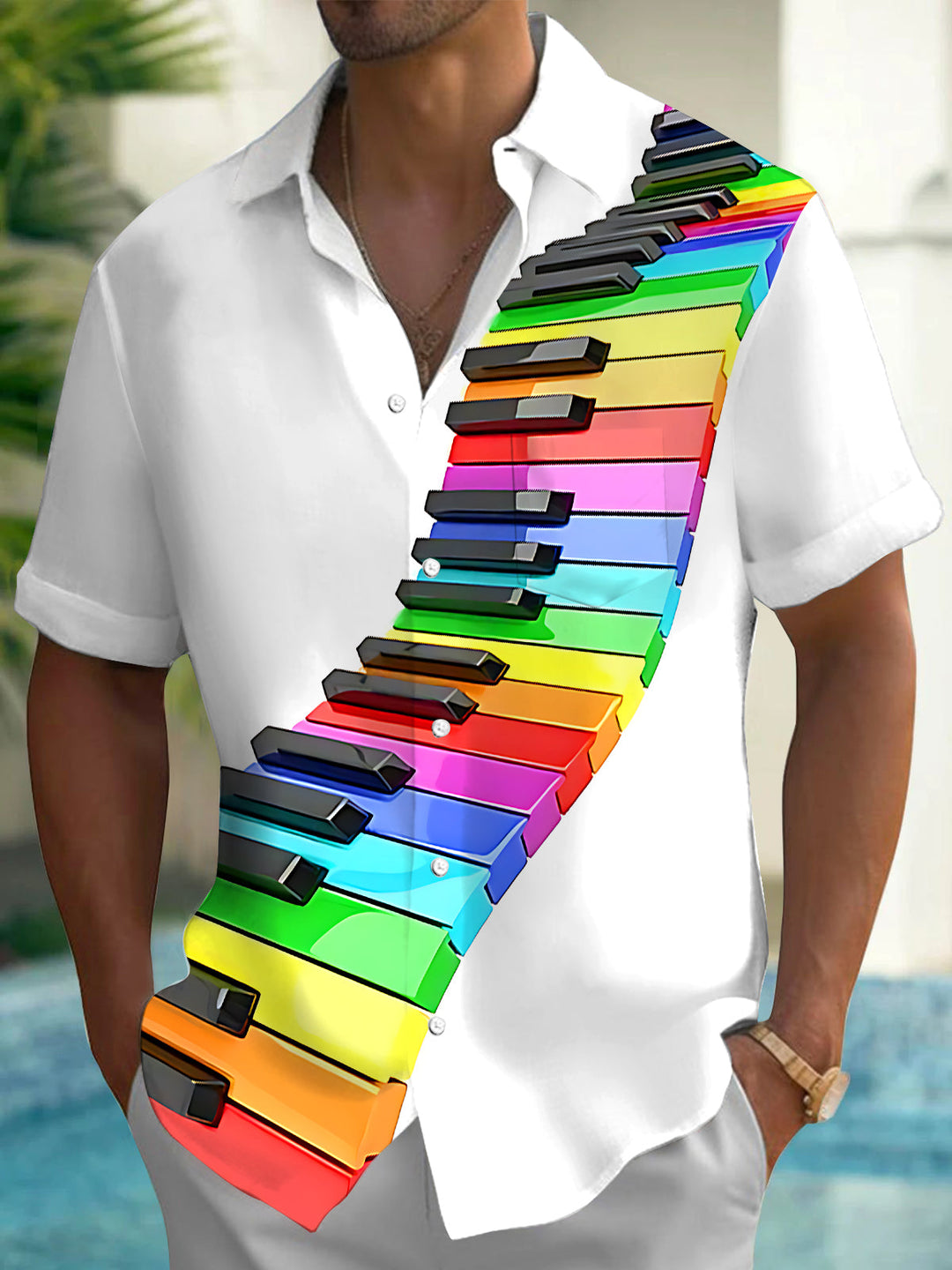 Oceanlyte Men's Graphic Rainbow Piano Keys Print Short Sleeve Shirt with Chest Pocket