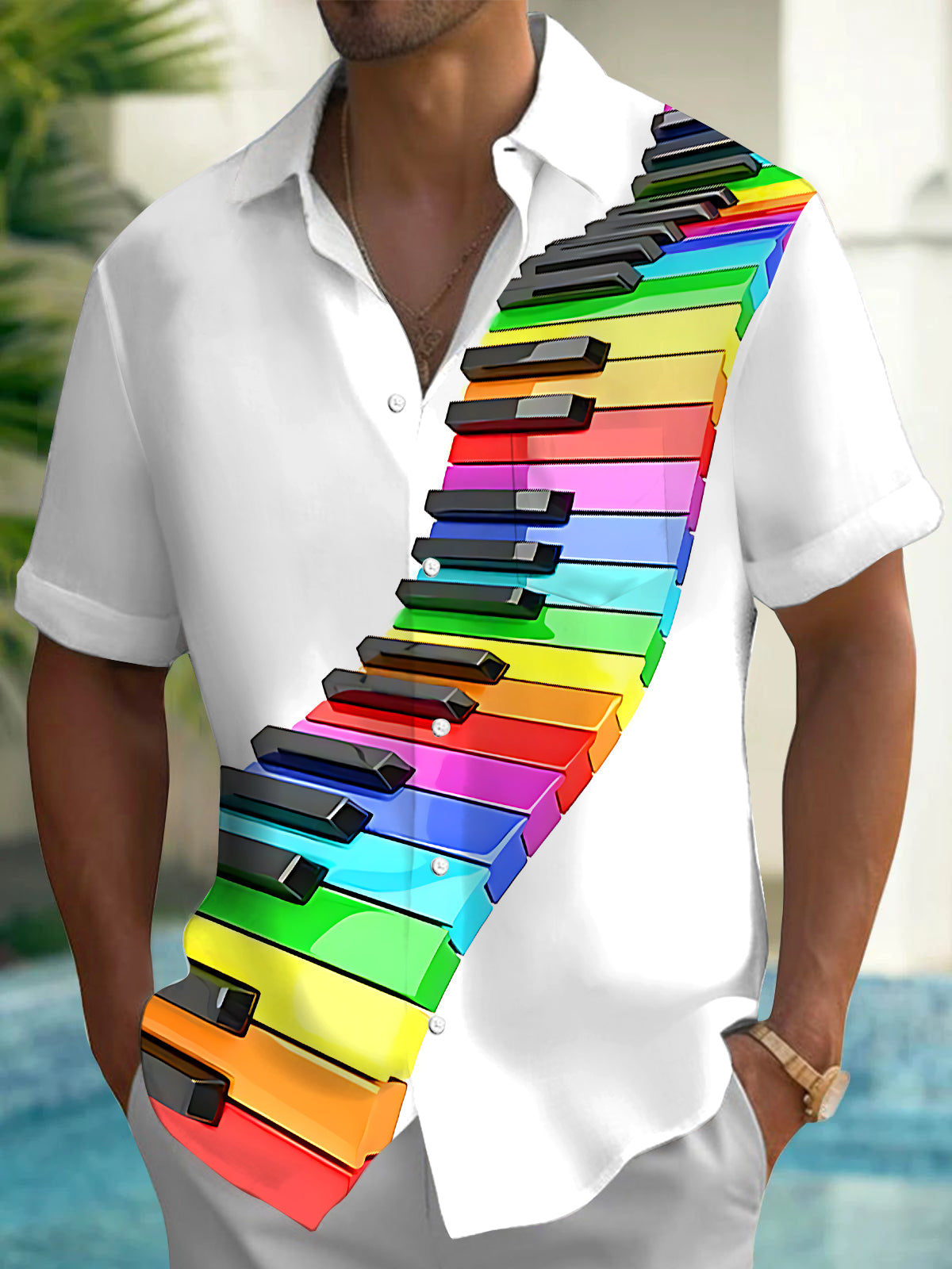 Oceanlyte Men's Graphic Rainbow Piano Keys Print Short Sleeve Shirt with Chest Pocket
