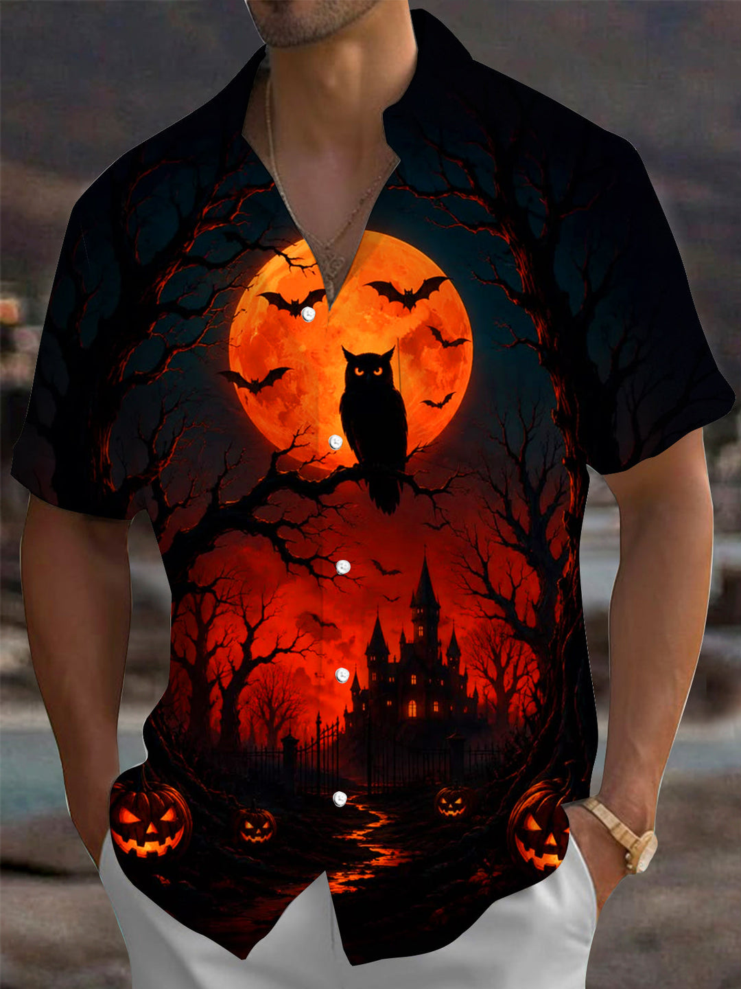 Oceanlyte Men's Graphic Halloween Castle Print Short Sleeve Shirt with Chest Pocket