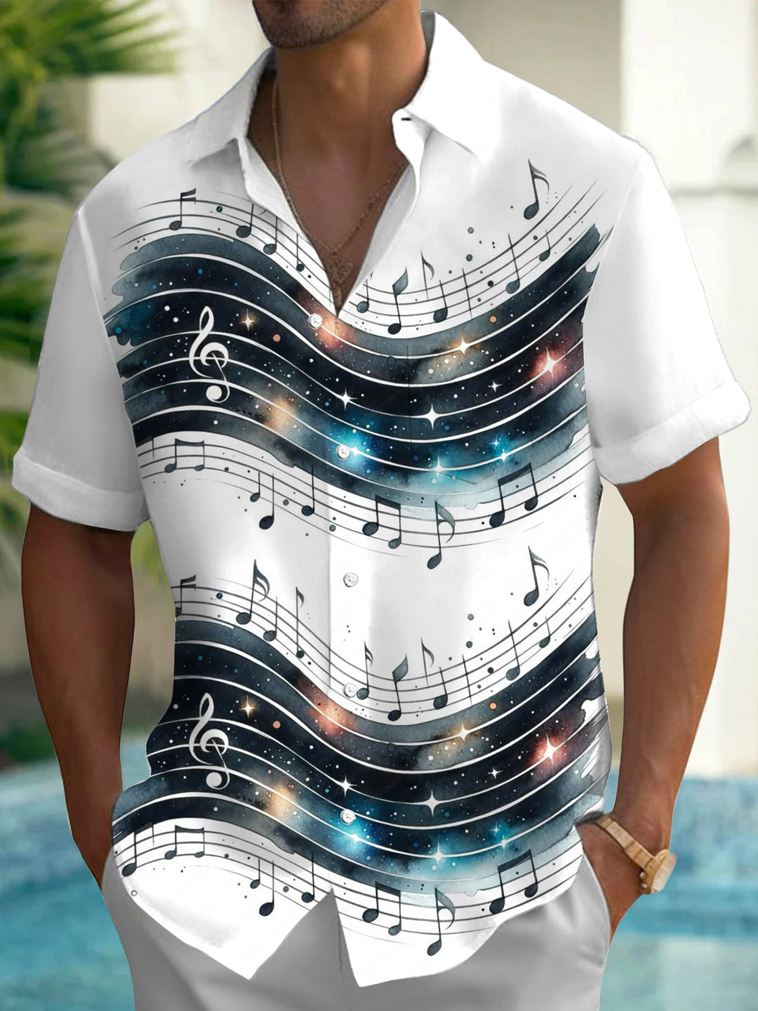 Oceanlyte Men's Graphic Music Notes On Staff Print Short Sleeve Shirt with Chest Pocket