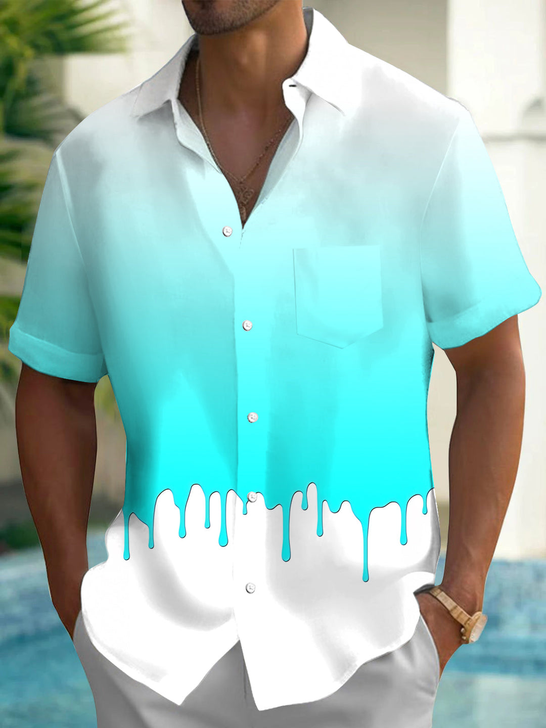Oceanlyte Men's Printed Gradient Drip Effect Print Short Sleeve Shirt with Chest Pocket