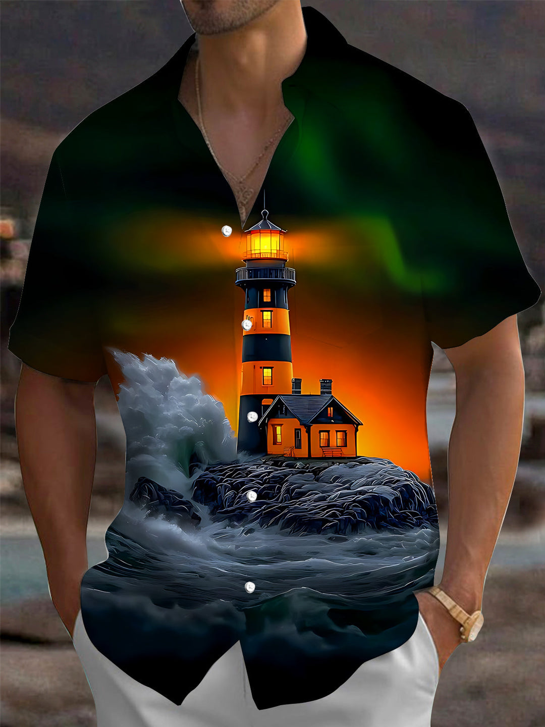 Oceanlyte Men's Graphic Lighthouse Sunset Print Short Sleeve Shirt with Chest Pocket