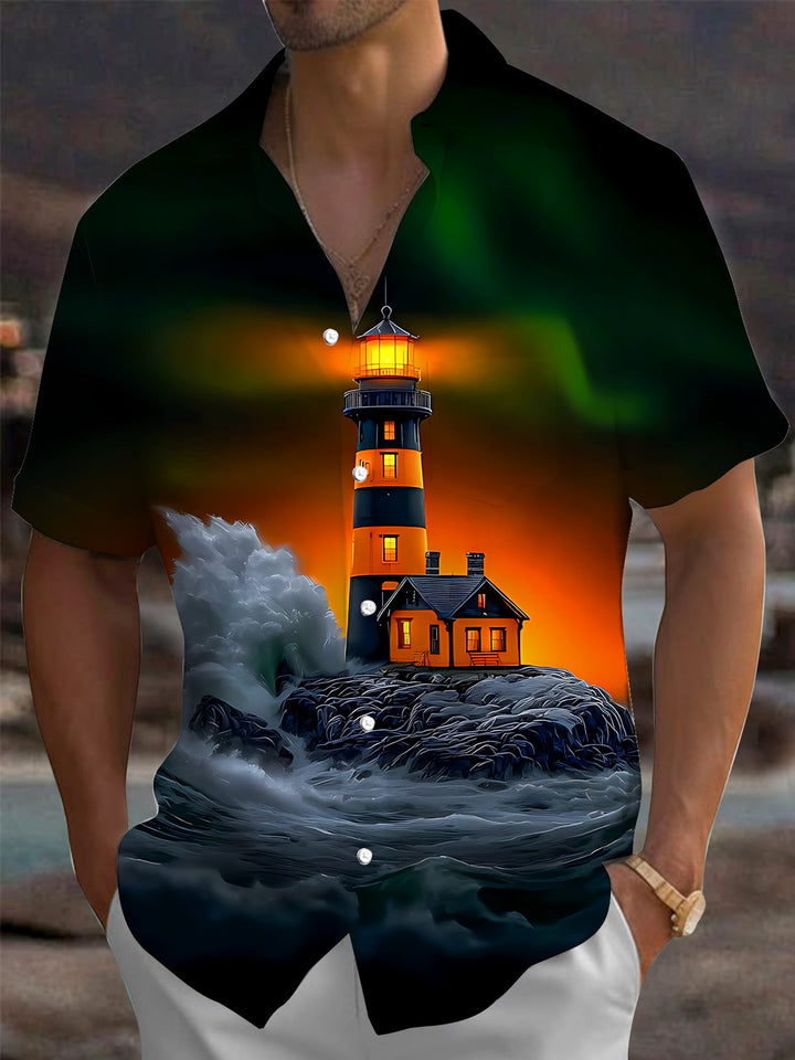 Oceanlyte Men's Graphic Lighthouse Sunset Print Short Sleeve Shirt with Chest Pocket