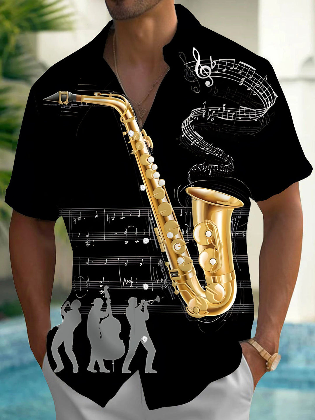 Oceanlyte Men's Graphic Saxophone Print Short Sleeve Shirt with Chest Pocket