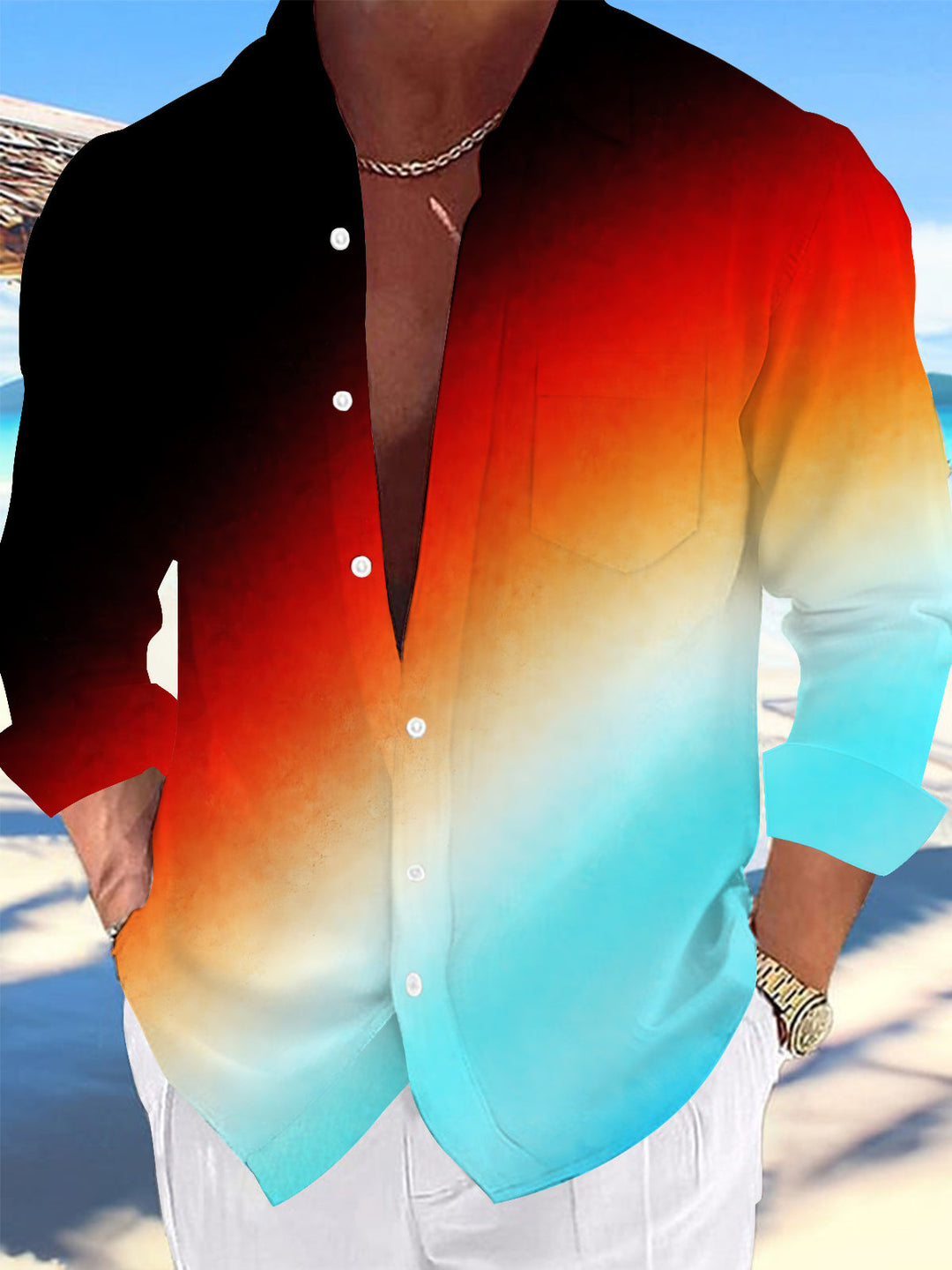 Oceanlyte Men's Printed Gradient Sunset Colors Print Long Sleeve Shirt with Chest Pocket