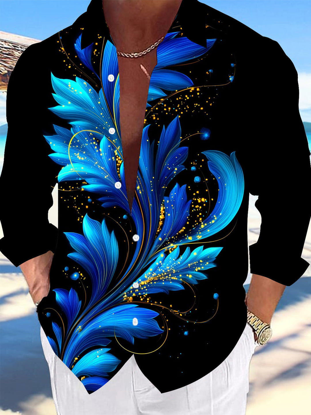 Oceanlyte Men's Hawaiian Blue Abstract Floral Print Long Sleeve Shirt with Chest Pocket