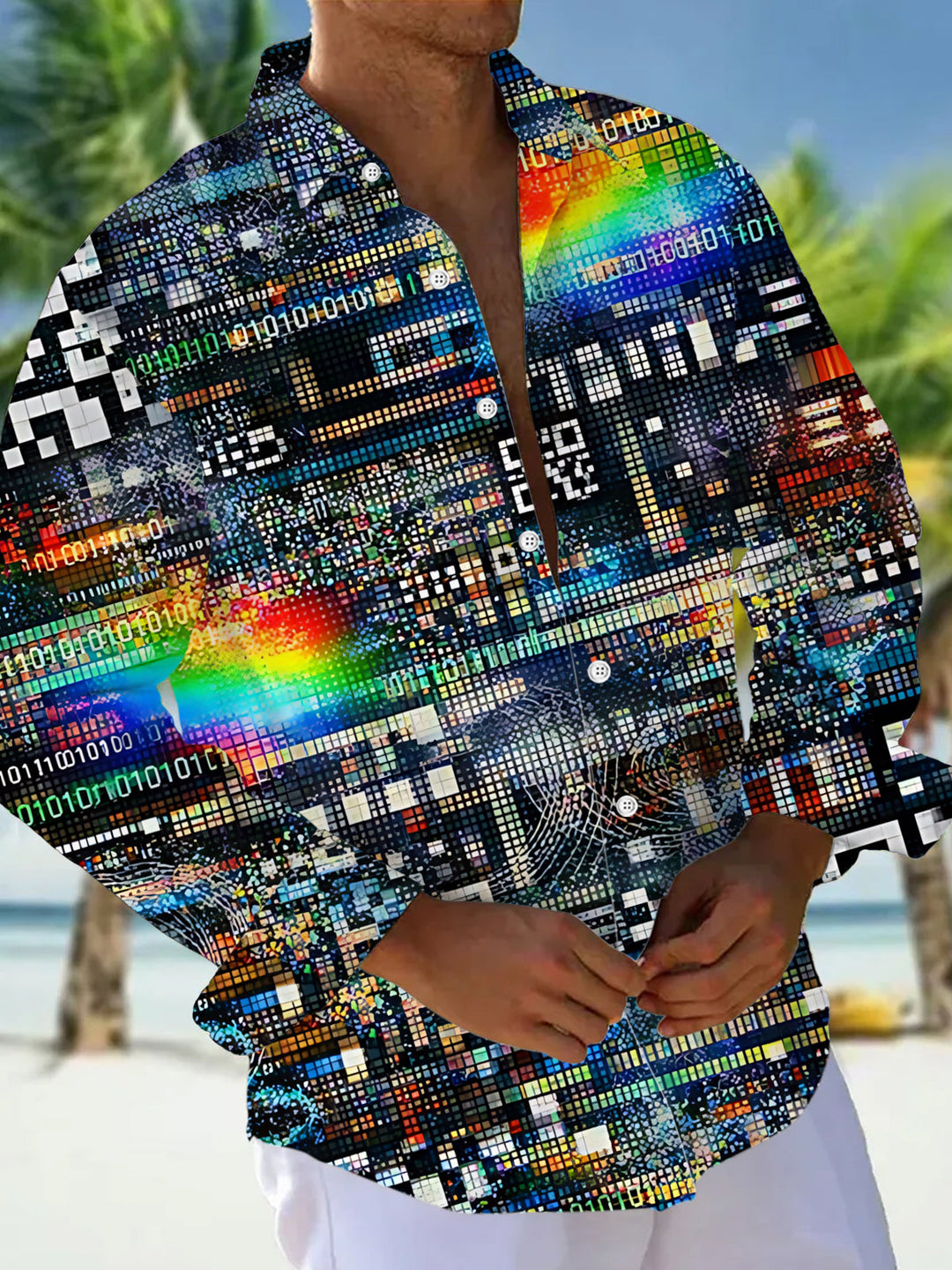 Oceanlyte Men's Graphic Digital Pixel Art Print Long Sleeve Shirt with Chest Pocket