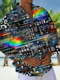 Oceanlyte Men's Graphic Digital Pixel Art Print Long Sleeve Shirt with Chest Pocket