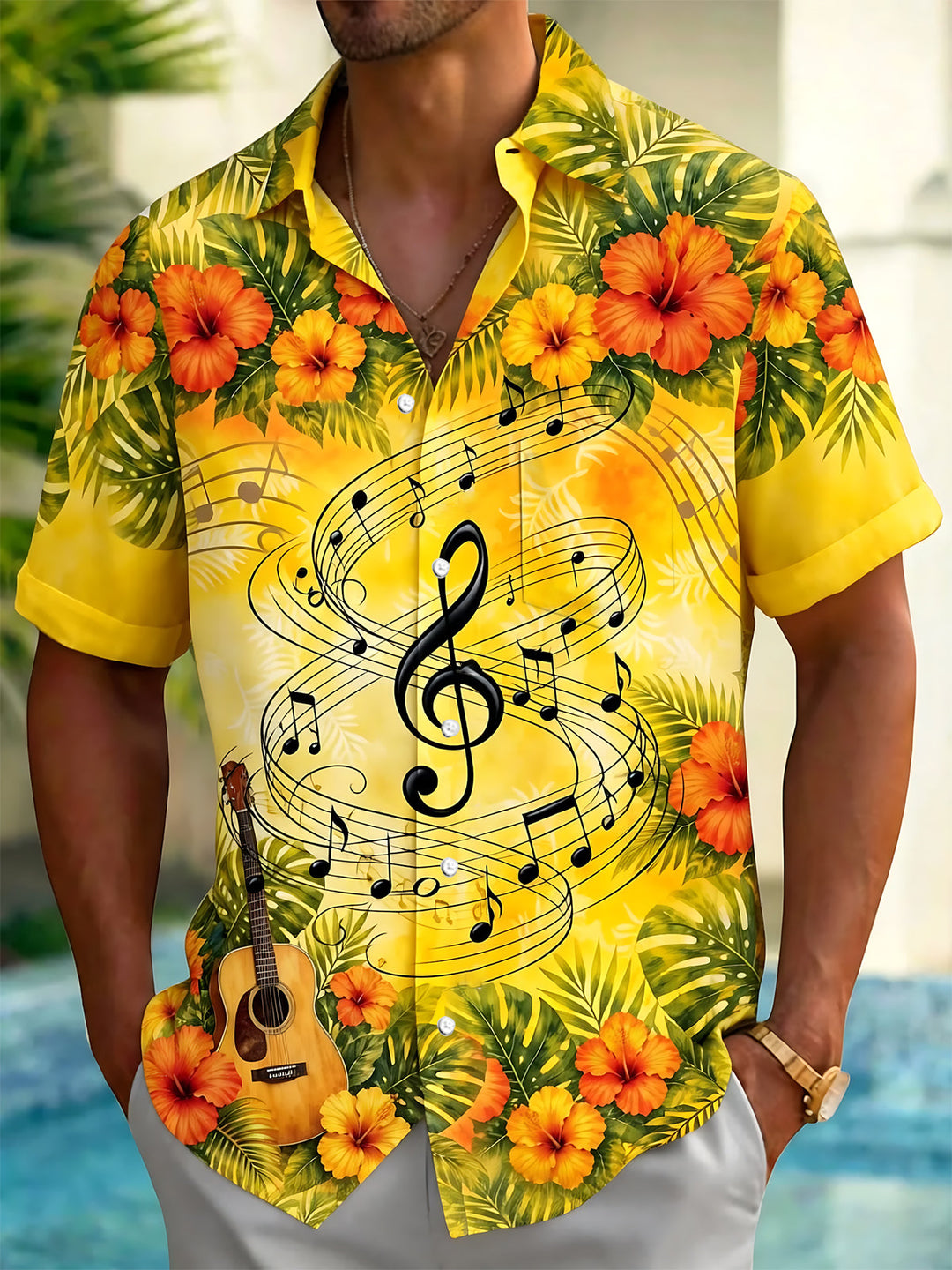 Oceanlyte Men's Musical Notes And Guitar Print Short Sleeve Shirt with Chest Pocket