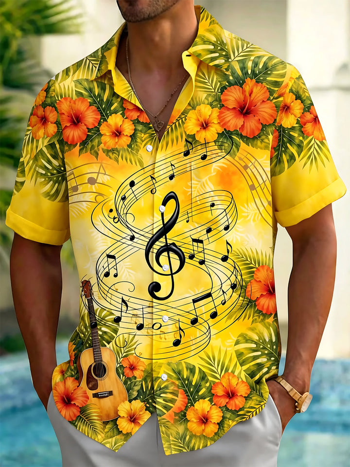 Oceanlyte Men's Musical Notes And Guitar Print Short Sleeve Shirt with Chest Pocket