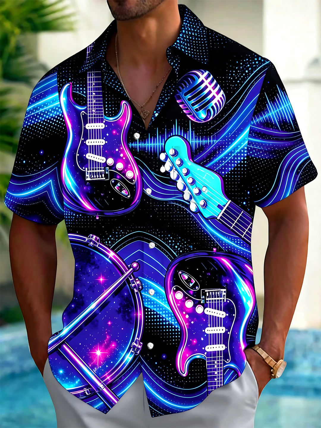 Oceanlyte Men's Graphic Neon Electric Guitar Print Short Sleeve Shirt with Chest Pocket