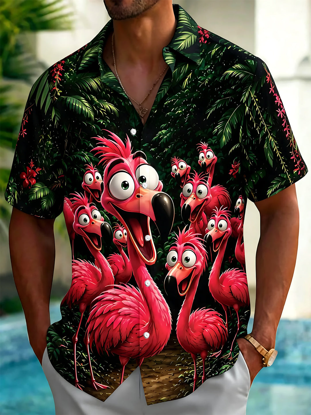 Oceanlyte Men's Hawaiian Tropical Leaves Print Short Sleeve Shirt with Chest Pocket