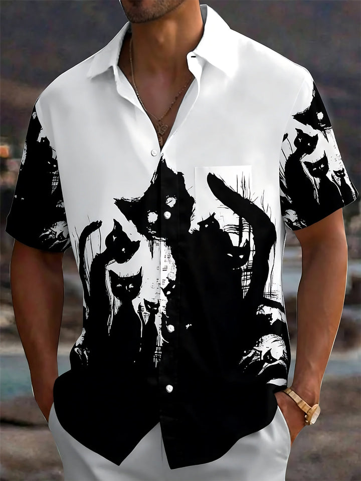 Oceanlyte Men's Graphic Black Cat Print Short Sleeve Shirt with Chest Pocket