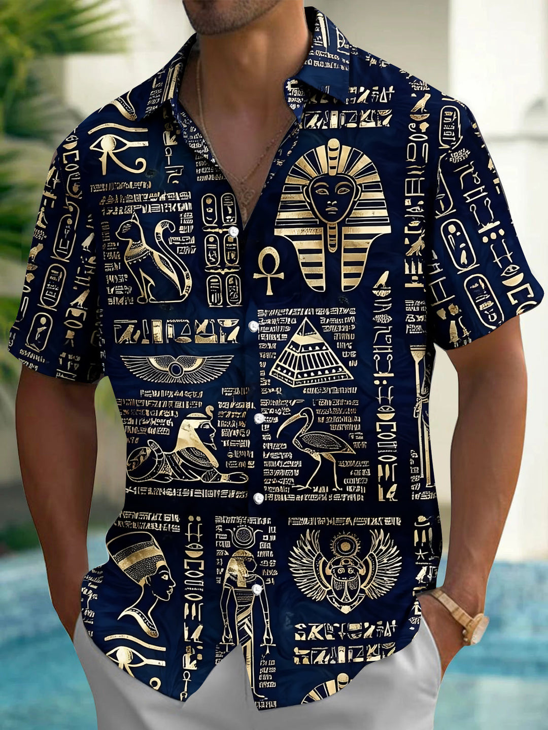 Oceanlyte Men's Ancient Egyptian Pharaoh Print Short Sleeve Shirt with Chest Pocket