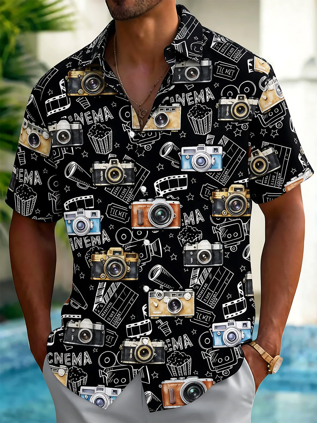 Oceanlyte Men's Vintage Style Graphic Print Short Sleeve Shirt with Chest Pocket