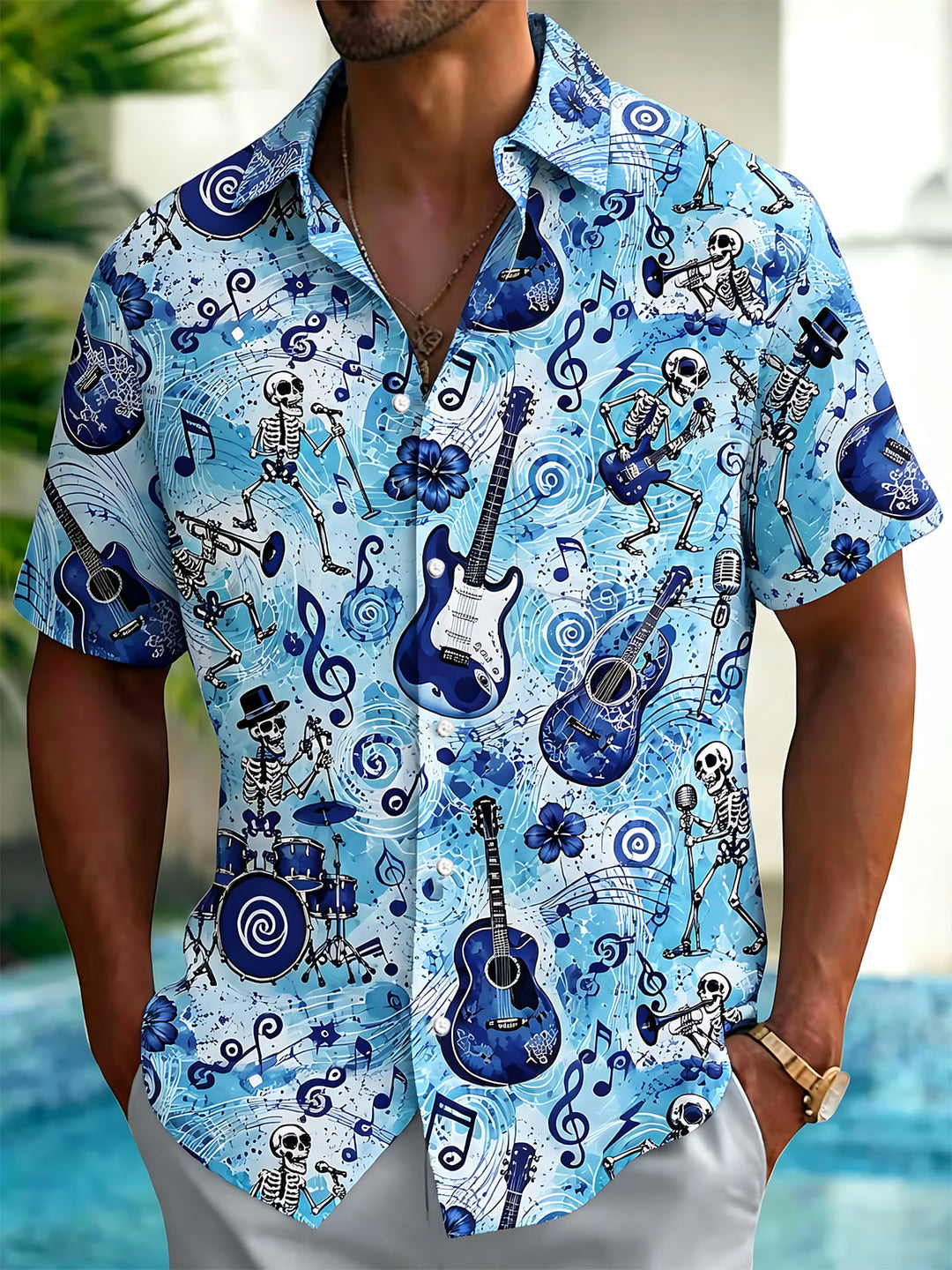 Oceanlyte Men's Hawaiian Skeleton Band Print Short Sleeve Shirt with Chest Pocket