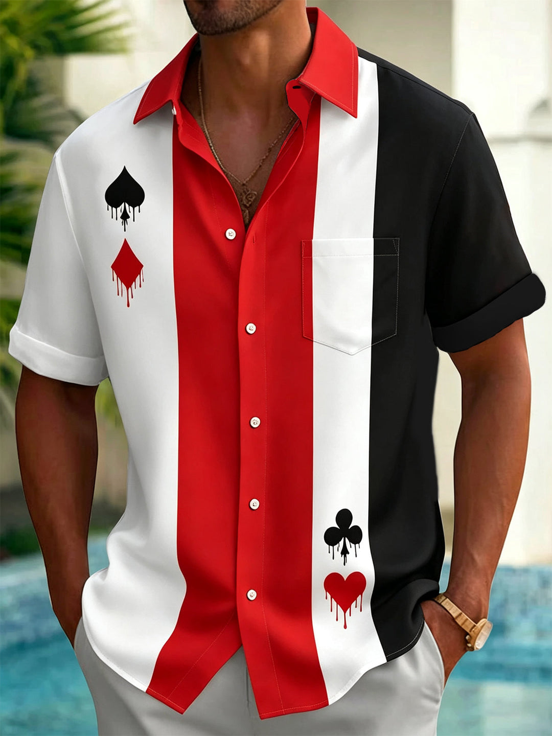 Oceanlyte Men's Dripping Playing Card Suits Print Short Sleeve Shirt with Chest Pocket
