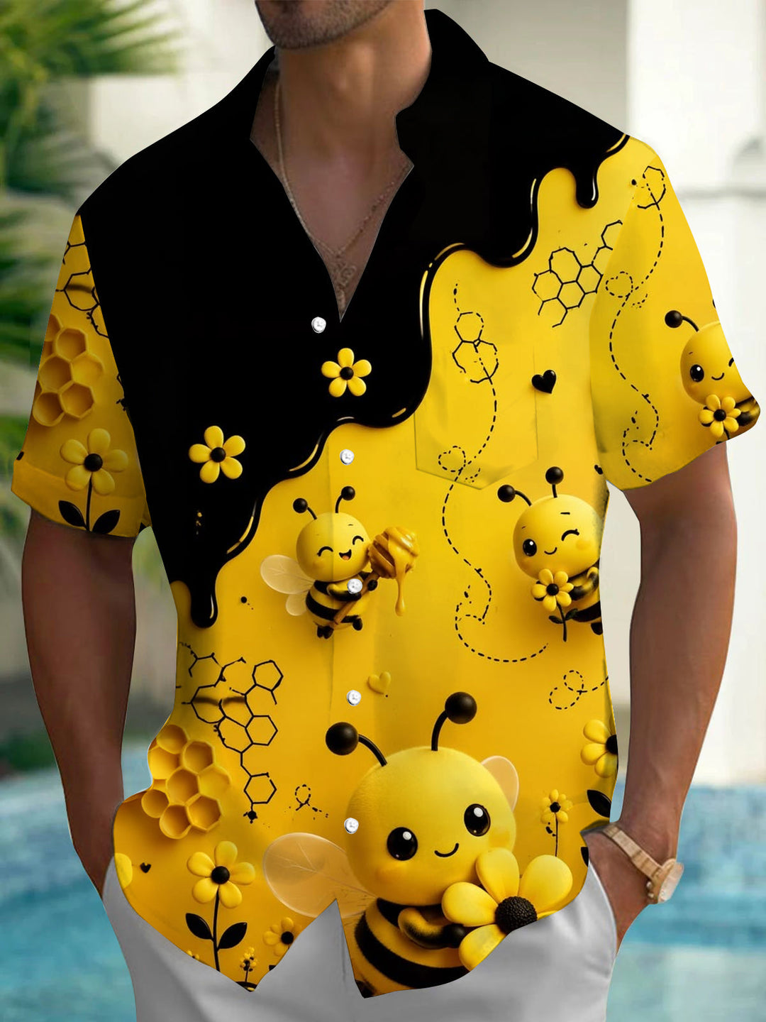 Oceanlyte Men's Hawaiian Cute Cartoon Bees Print Short Sleeve Shirt with Chest Pocket