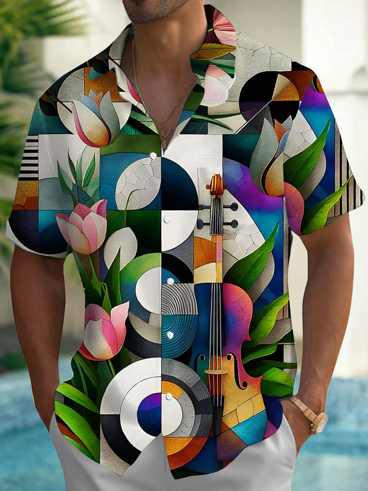 Oceanlyte Men's Violin And Tulip Geometric Print Short Sleeve Shirt with Chest Pocket