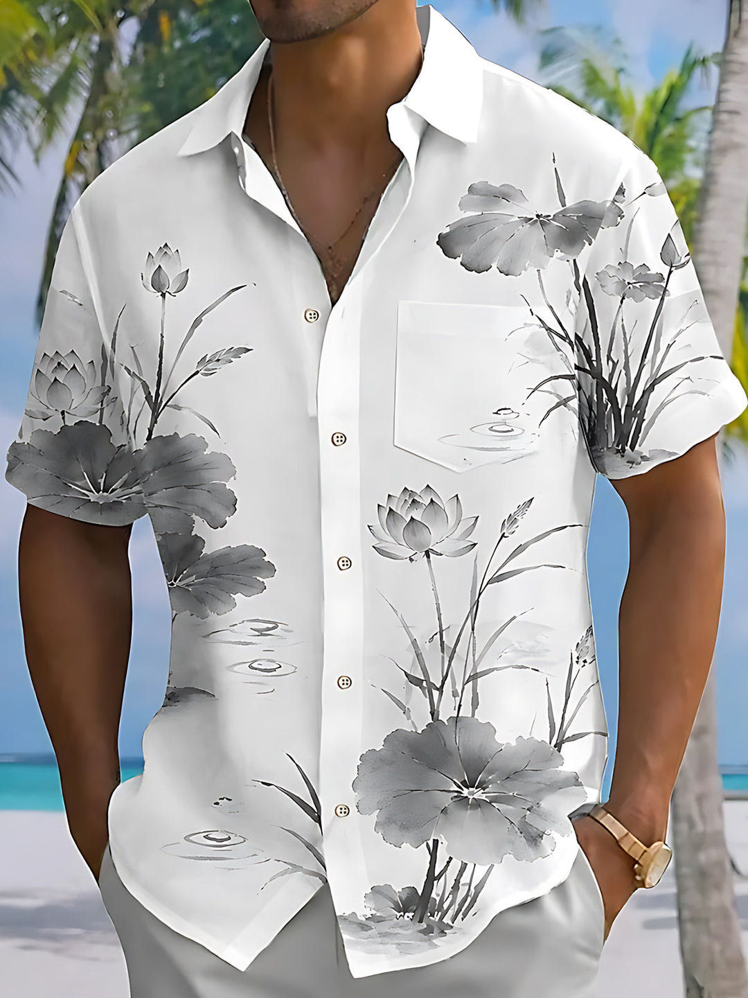 Oceanlyte Men's Black And White Lotus Flowers Print Short Sleeve Shirt with Chest Pocket