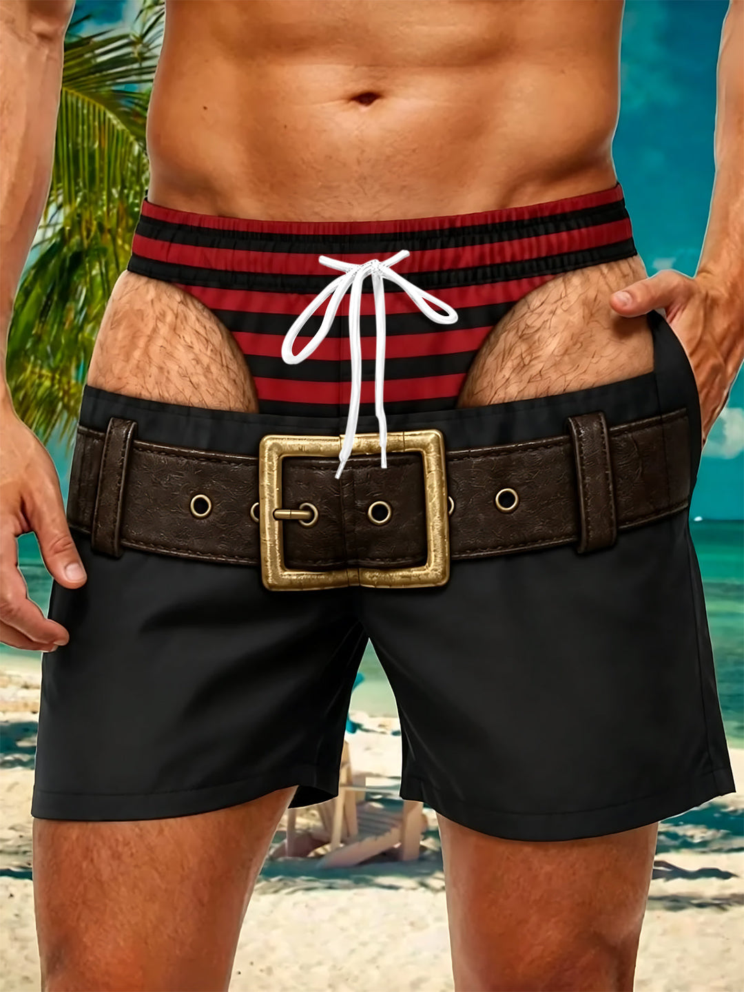 Oceanlyte Men's Striped Striped Underwear Print Shorts with Chest Pocket