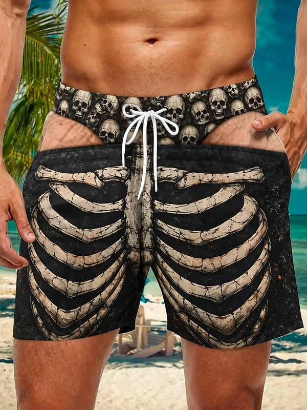 Oceanlyte Men's Graphic Skeleton Ribcage Print Shorts with Chest Pocket