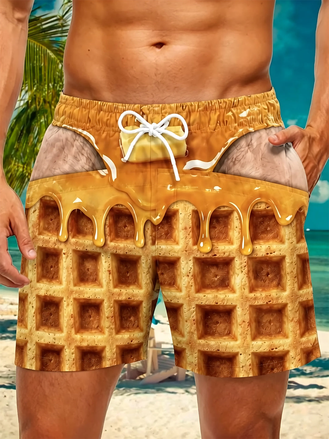 Oceanlyte Men's Graphic Waffle Print Syrup Drip Print Shorts with Chest Pocket