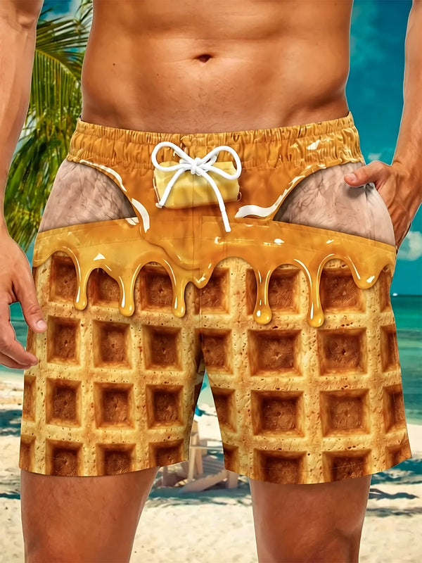 Oceanlyte Men's Graphic Waffle Print Syrup Drip Print Shorts with Chest Pocket