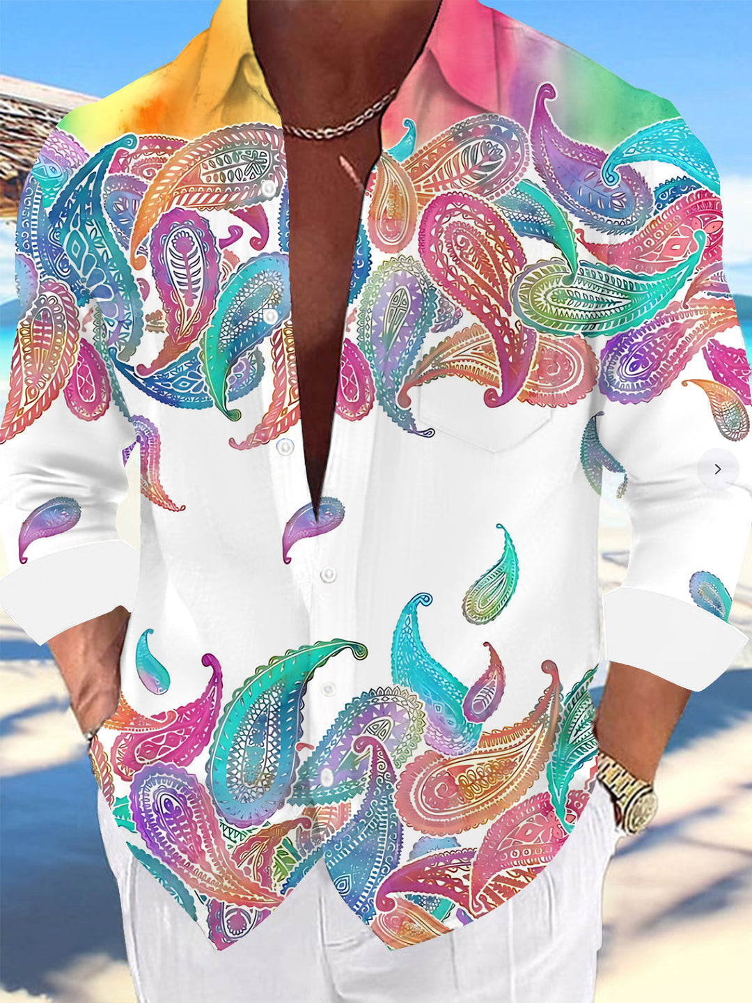 Oceanlyte Men's Printed Colorful Paisley Print Long Sleeve Shirt with Chest Pocket