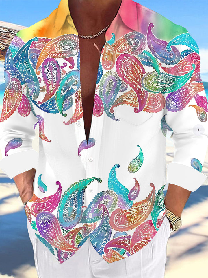Oceanlyte Men's Printed Colorful Paisley Print Long Sleeve Shirt with Chest Pocket