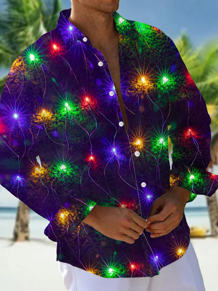 Oceanlyte Men's Colorful Starburst Lights Print Long Sleeve Shirt with Chest Pocket