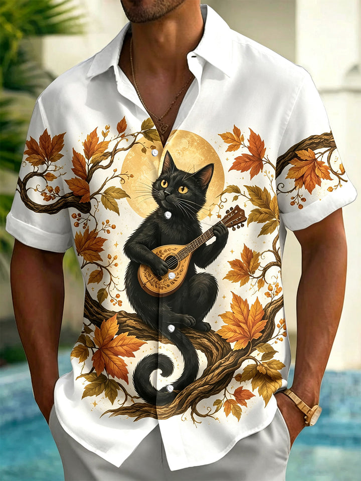 Oceanlyte Men's Black Cat Playing Mandolin Print Short Sleeve Shirt with Chest Pocket