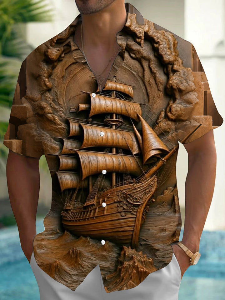 Oceanlyte Men's Wooden Ship Relief Print Short Sleeve Shirt with Chest Pocket