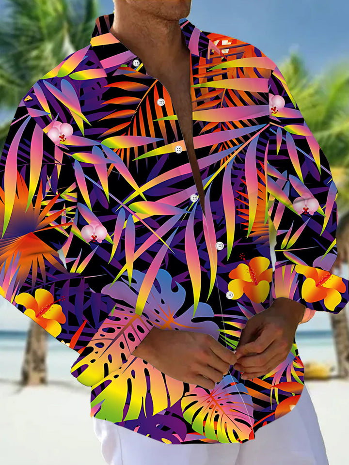 Oceanlyte Men's Neon Gradient Tropical Leaves Print Long Sleeve Shirt with Chest Pocket