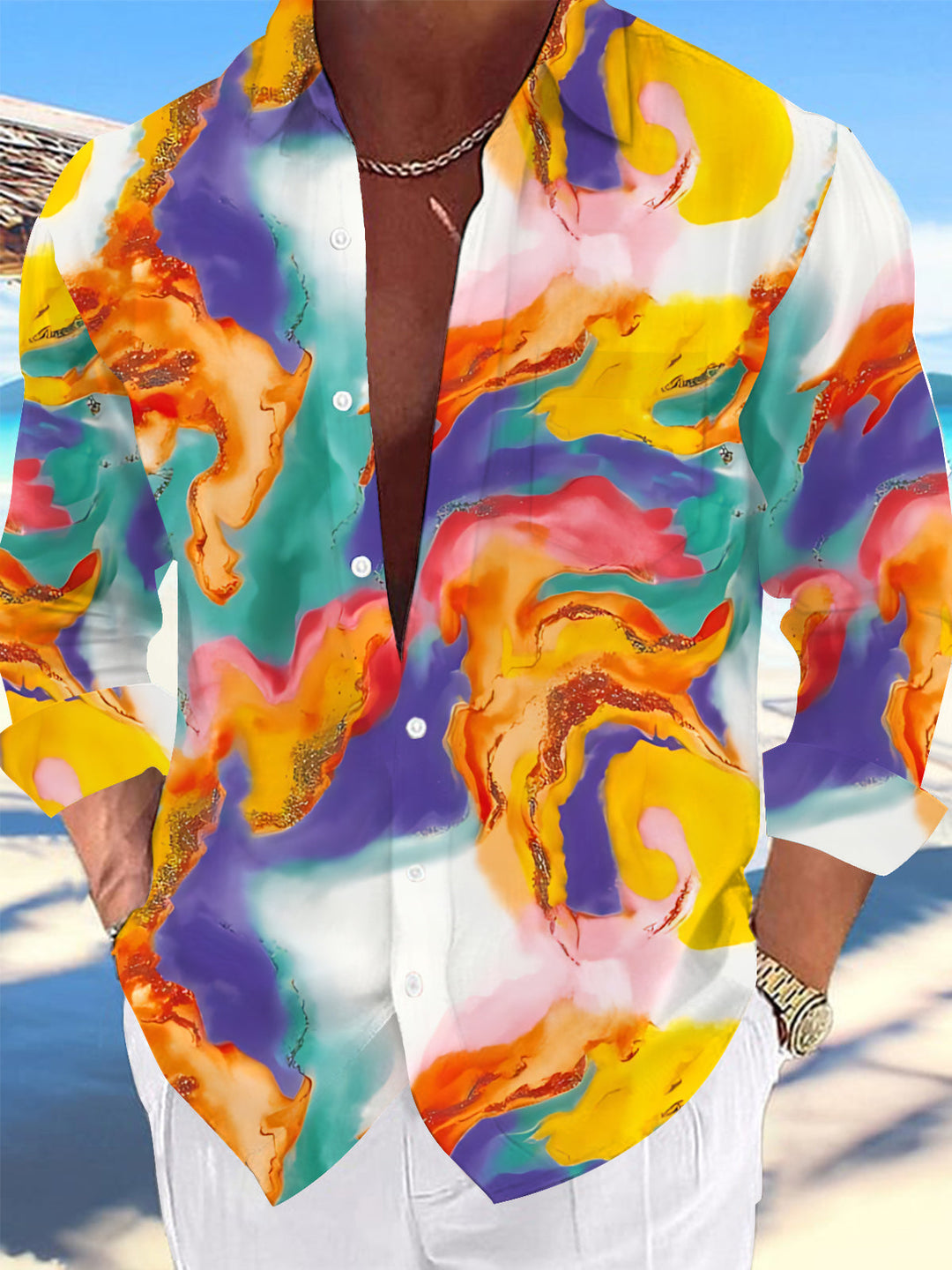 Oceanlyte Men's Printed Abstract Gradient Print Long Sleeve Shirt with Chest Pocket